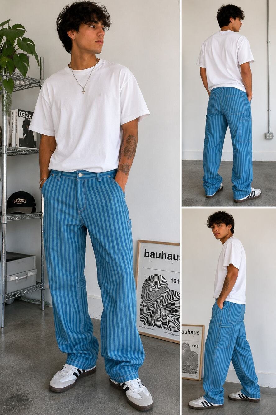 Y2K Blue Railroad Stripe Carpenter Pants Wide Leg Utility Workwear Jeans 34